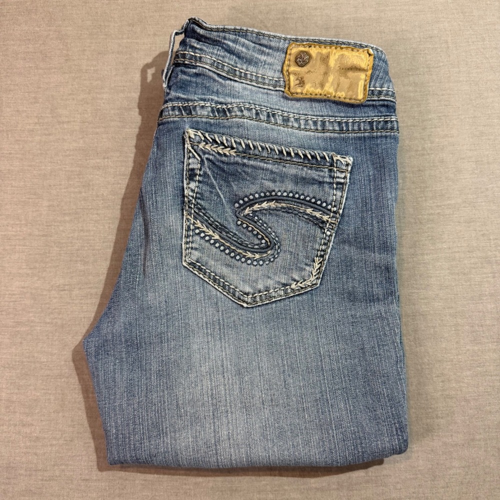 Silver Jeans Suki Mid Slim Boot Womens 29x33 Blue Excellent Embroidered Stretch